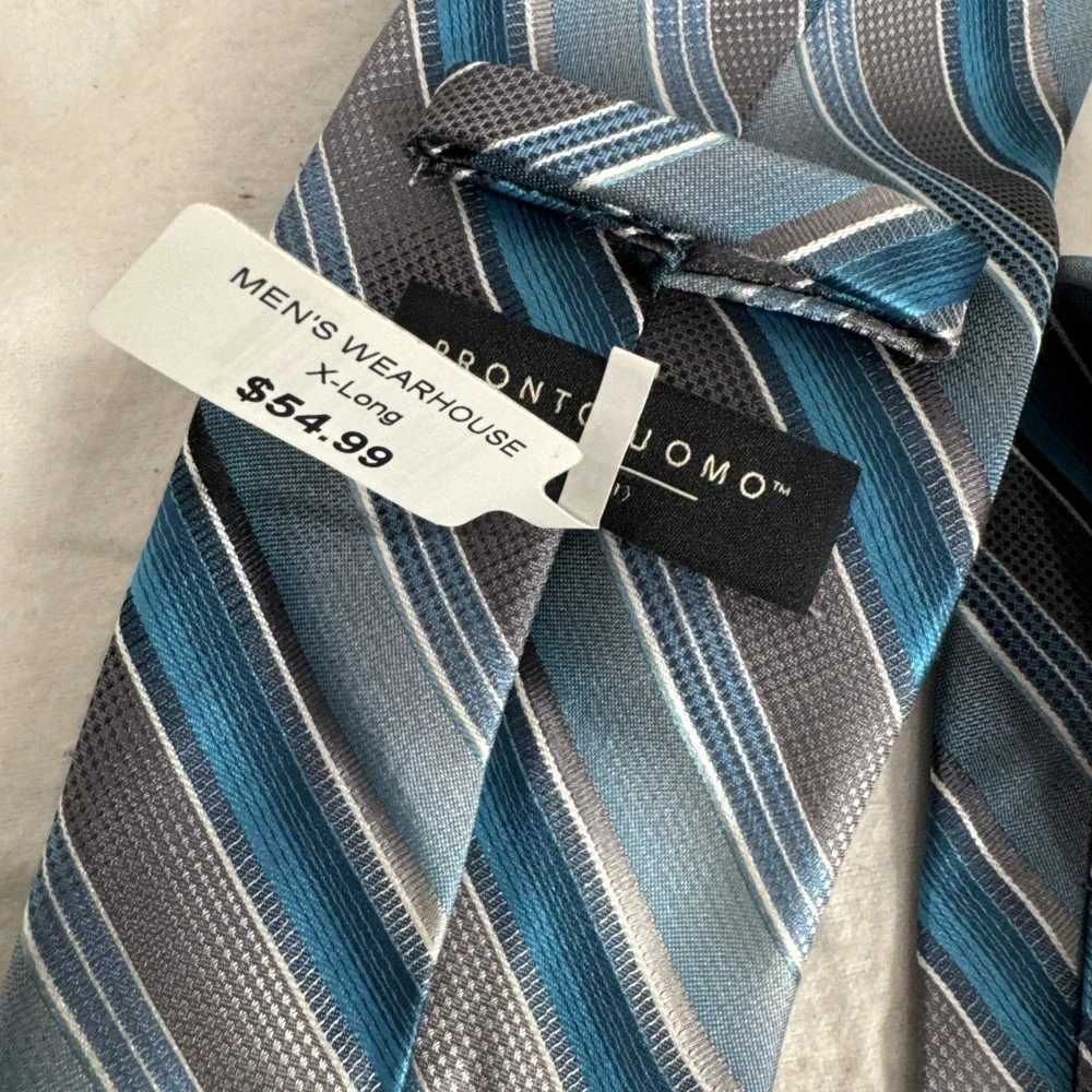 Pronto Uomo 100% Silk Gray Blue Stripe Extra Long Men's Tie 64